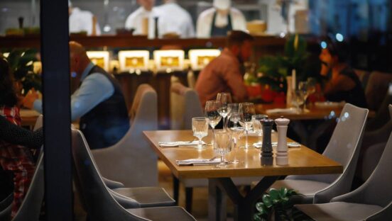 Dimly lit interior of restaurant.